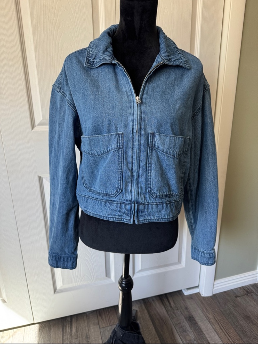 Universal Thread Blue Denim Zip Jacket with Front Patch Pockets